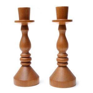 Vintage Wooden Tiered Candlestick Holders Bubble Tapered Candle Stands Brown MCM